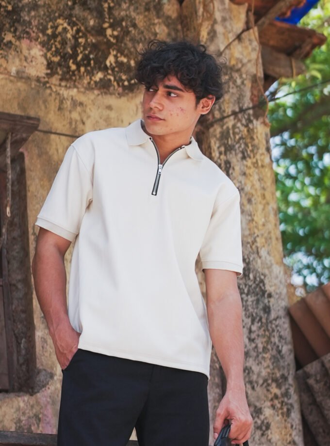 Zip Textured Polo – Off White