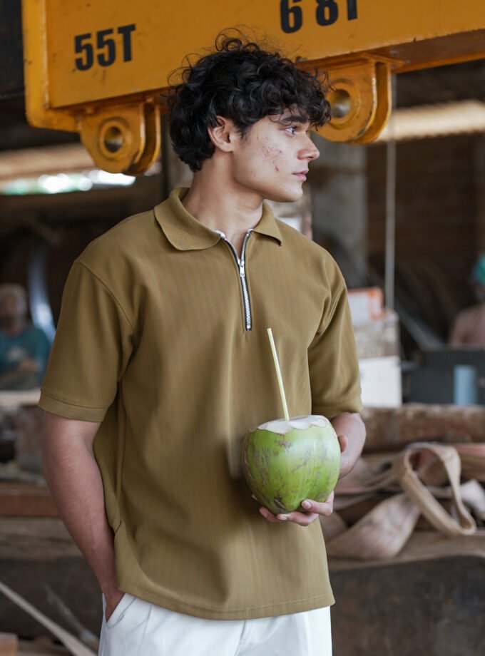 Zip Textured Polo – Khaki Green