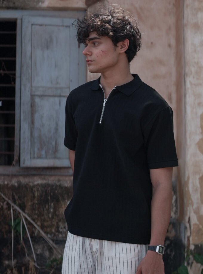 Zip Textured Polo – Black