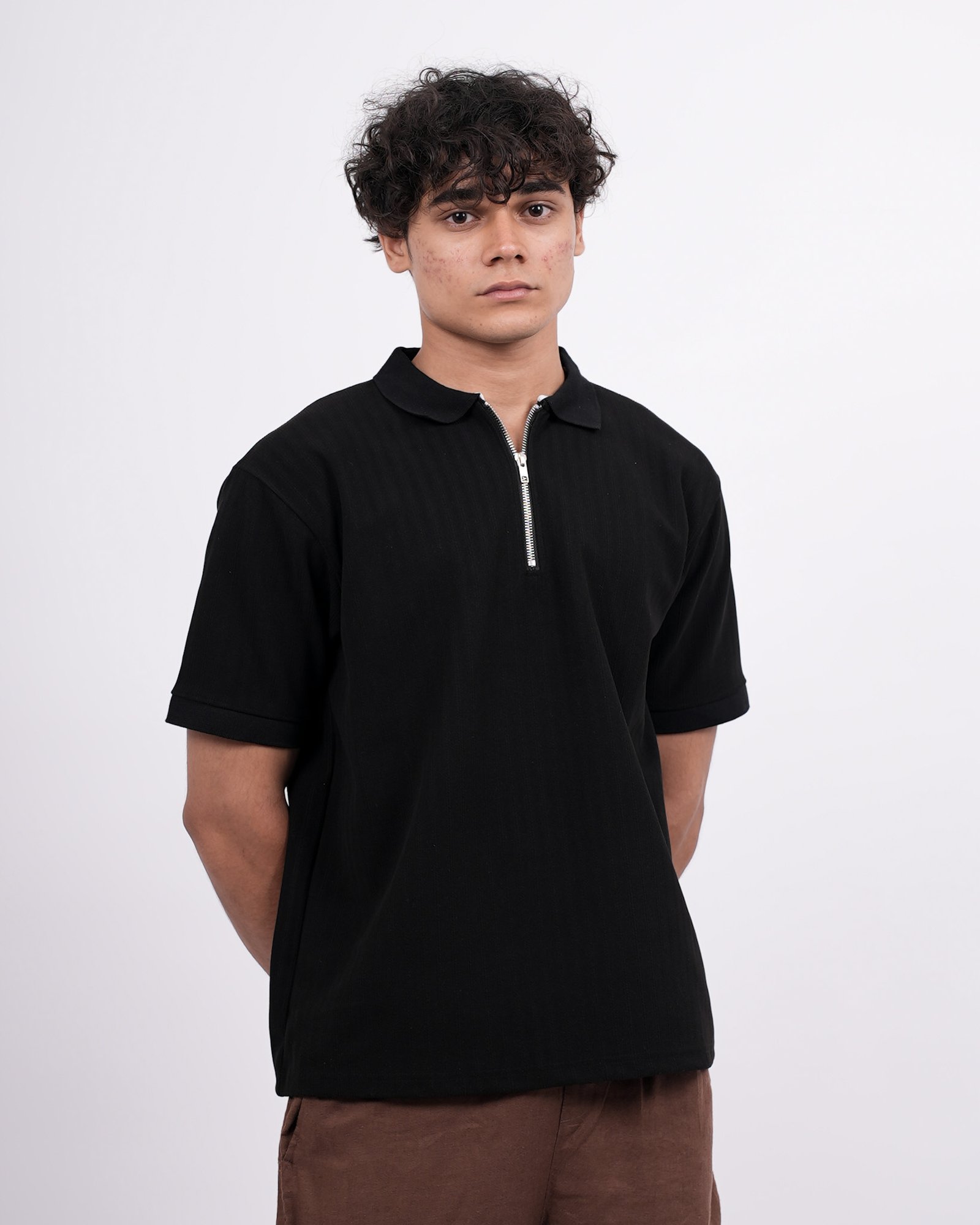 Zip Textured Polo – Black - Image 7