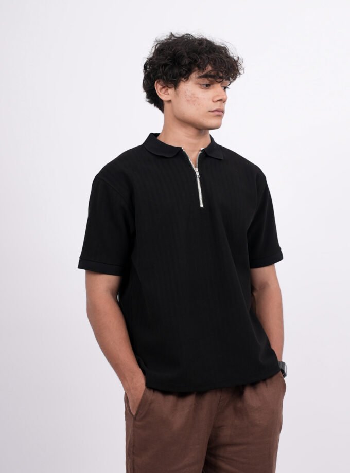 Zip Textured Polo – Black