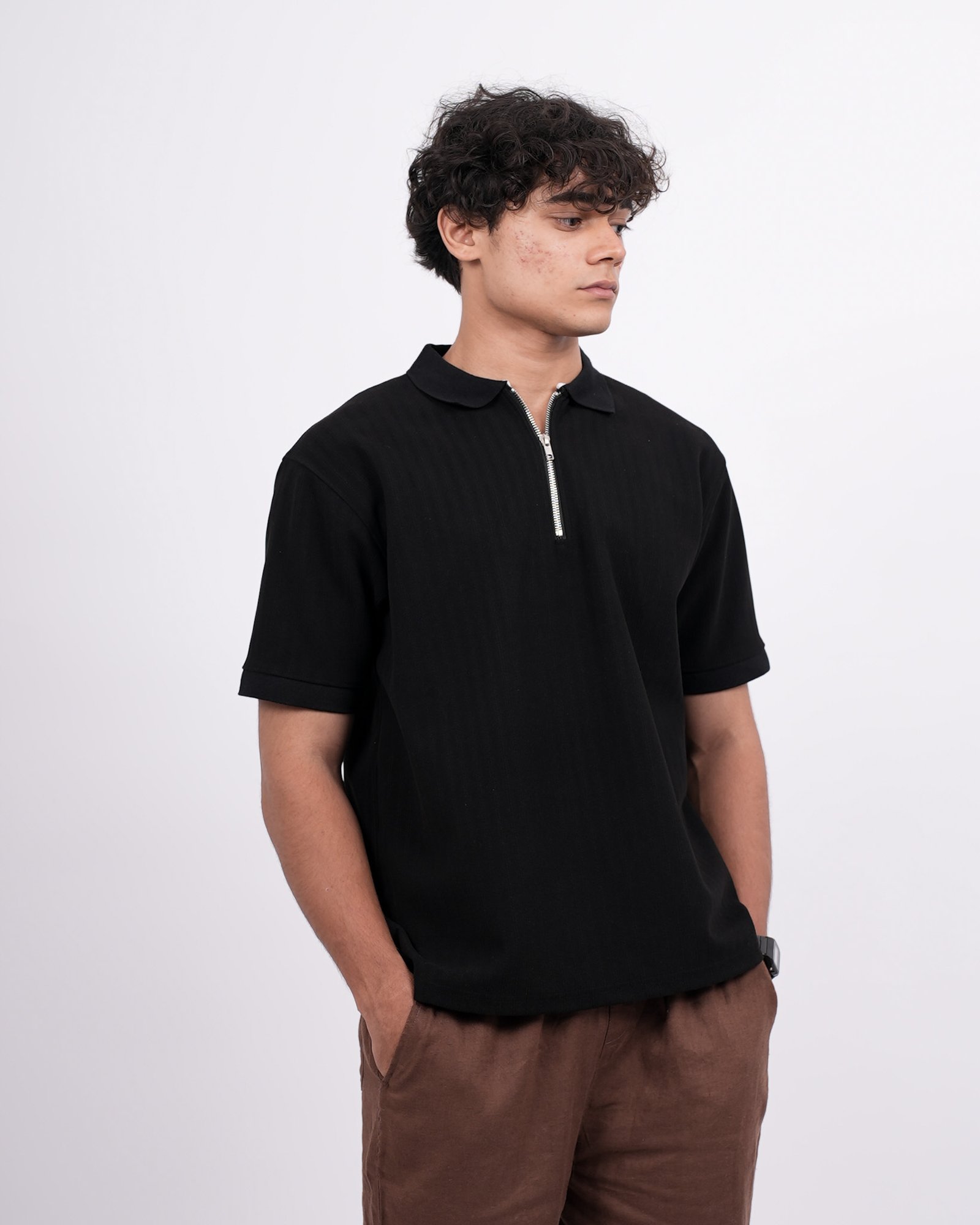 Zip Textured Polo – Black