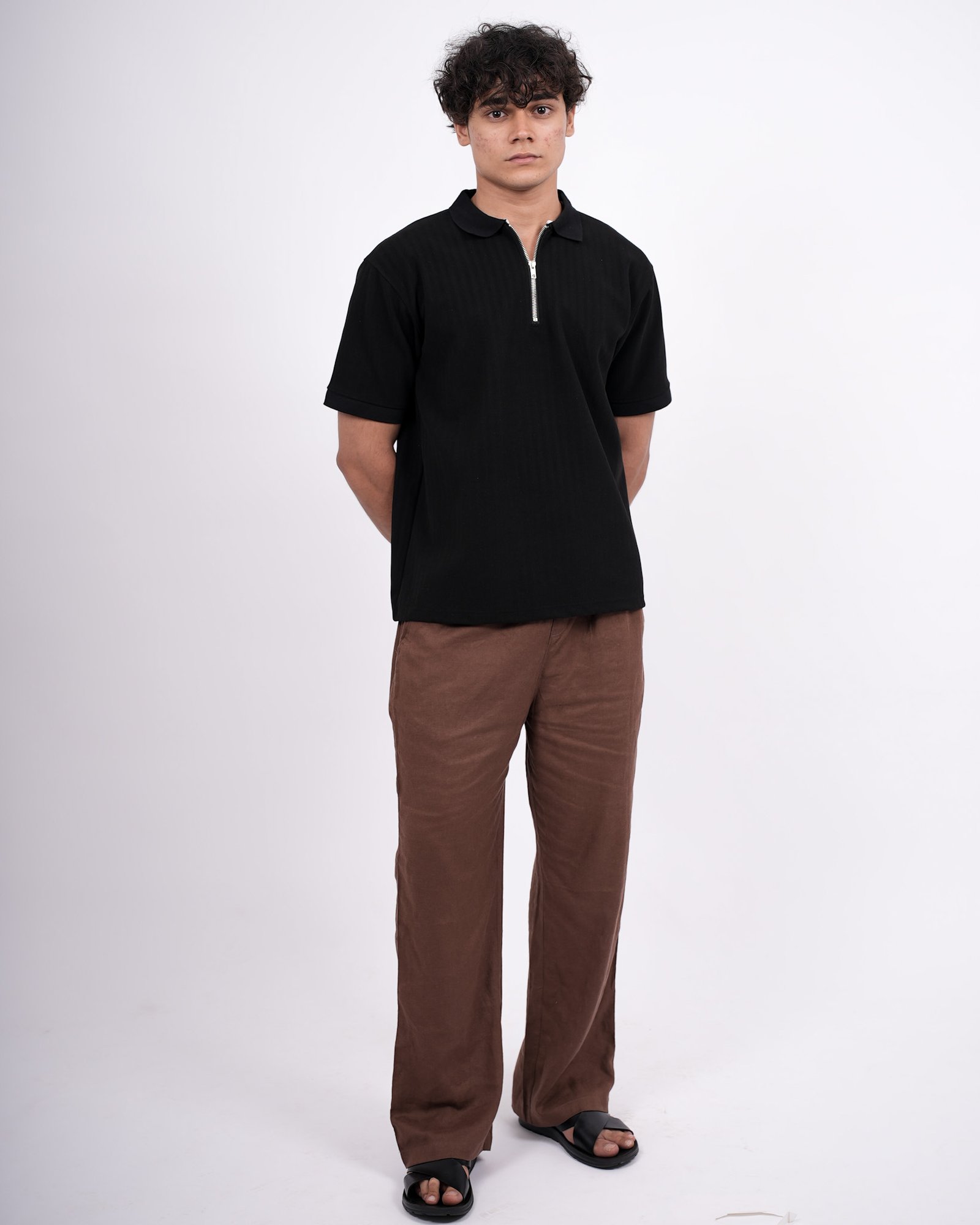 Zip Textured Polo – Black - Image 4