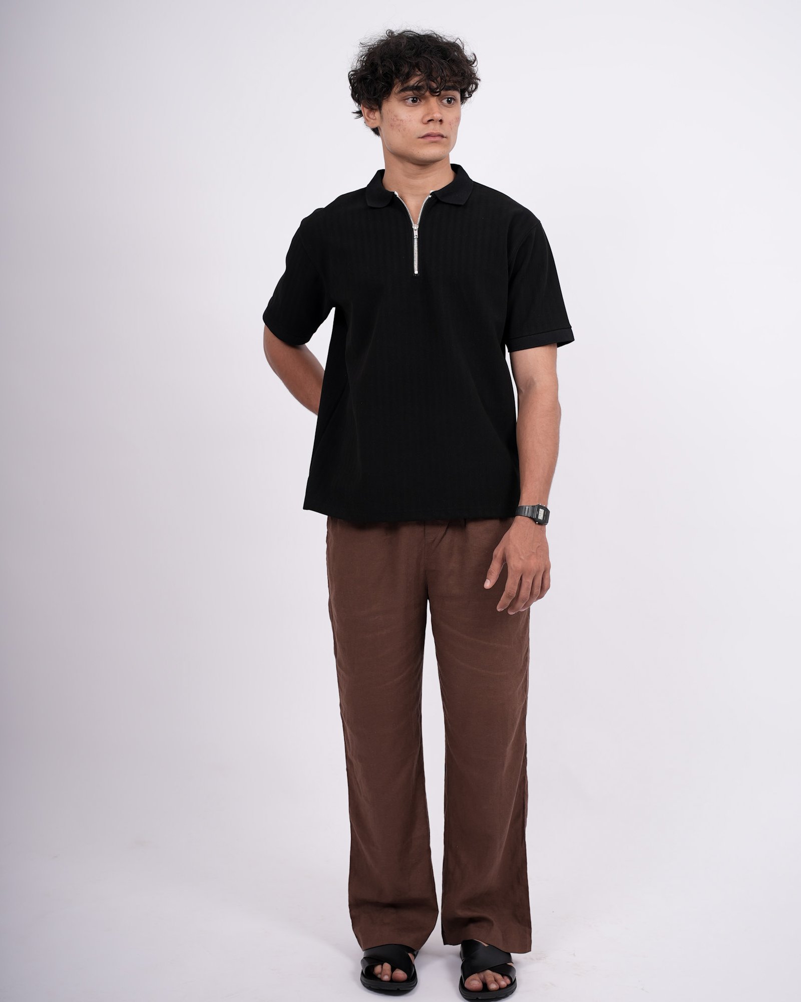 Zip Textured Polo – Black - Image 8