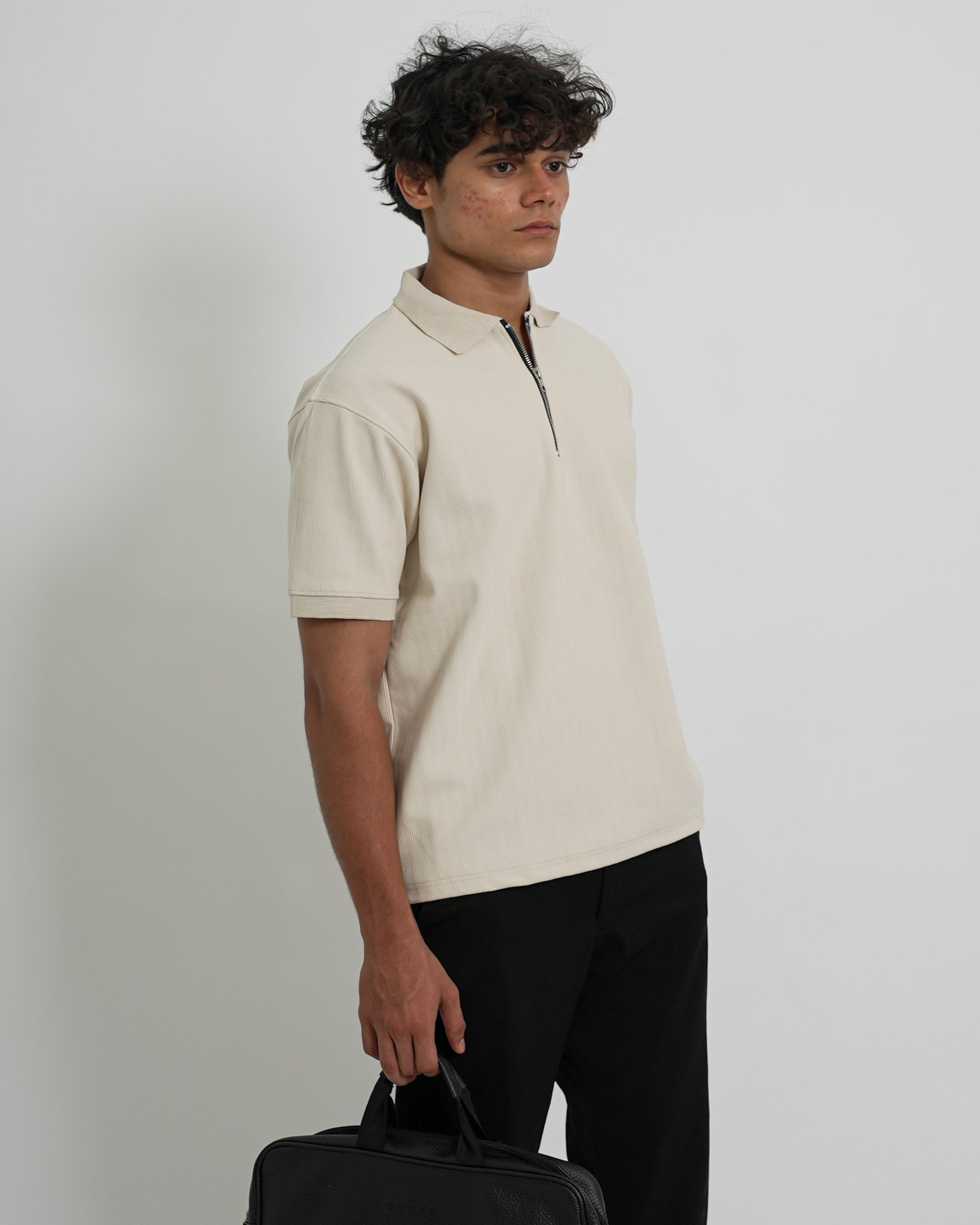 Zip Textured Polo – Off White - Image 6