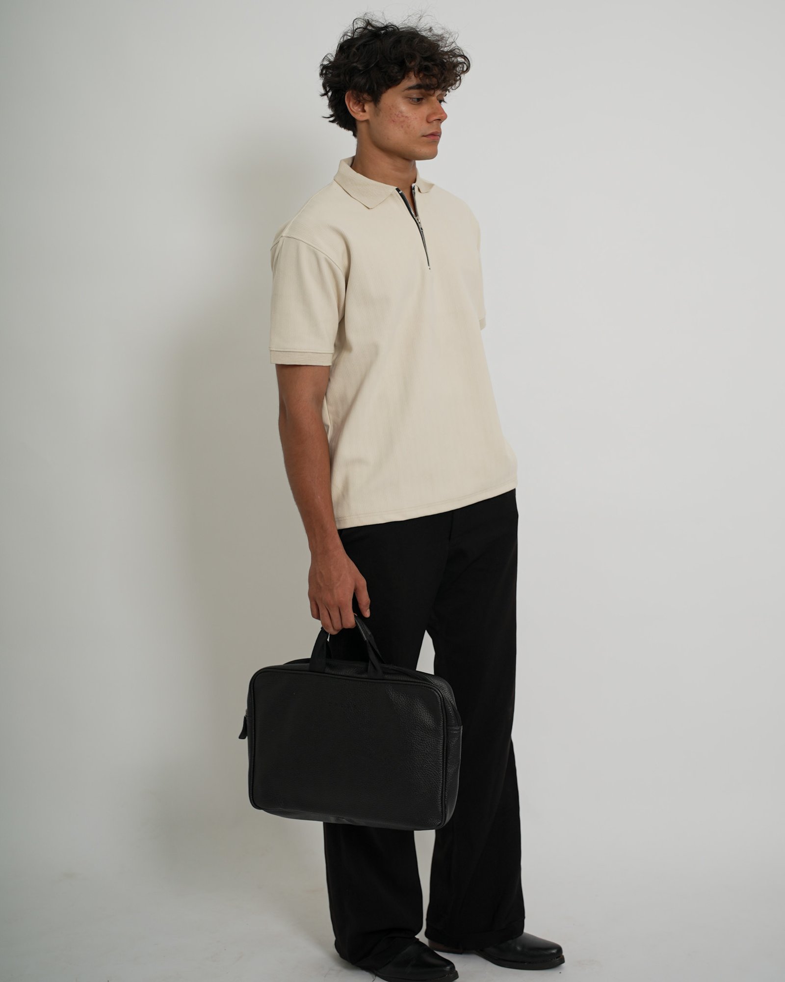 Zip Textured Polo – Off White - Image 5