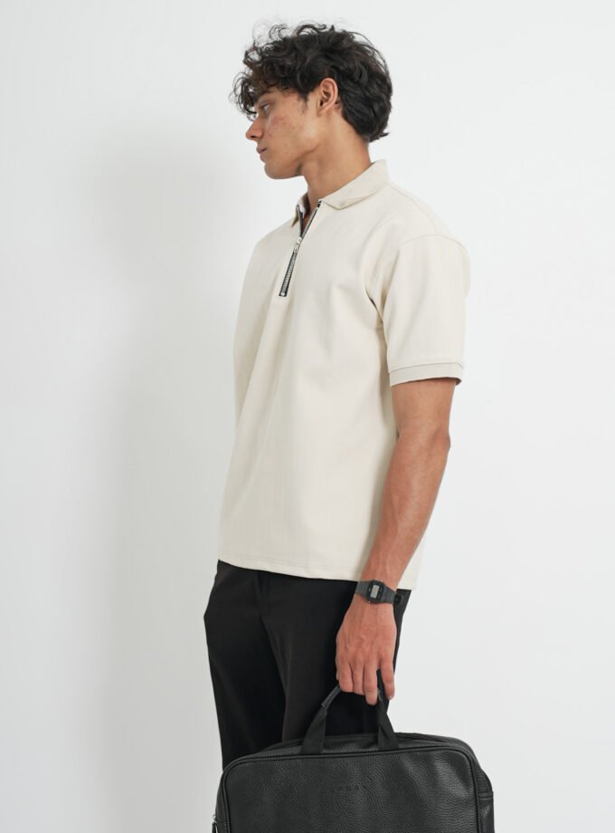 Zip Textured Polo – Off White
