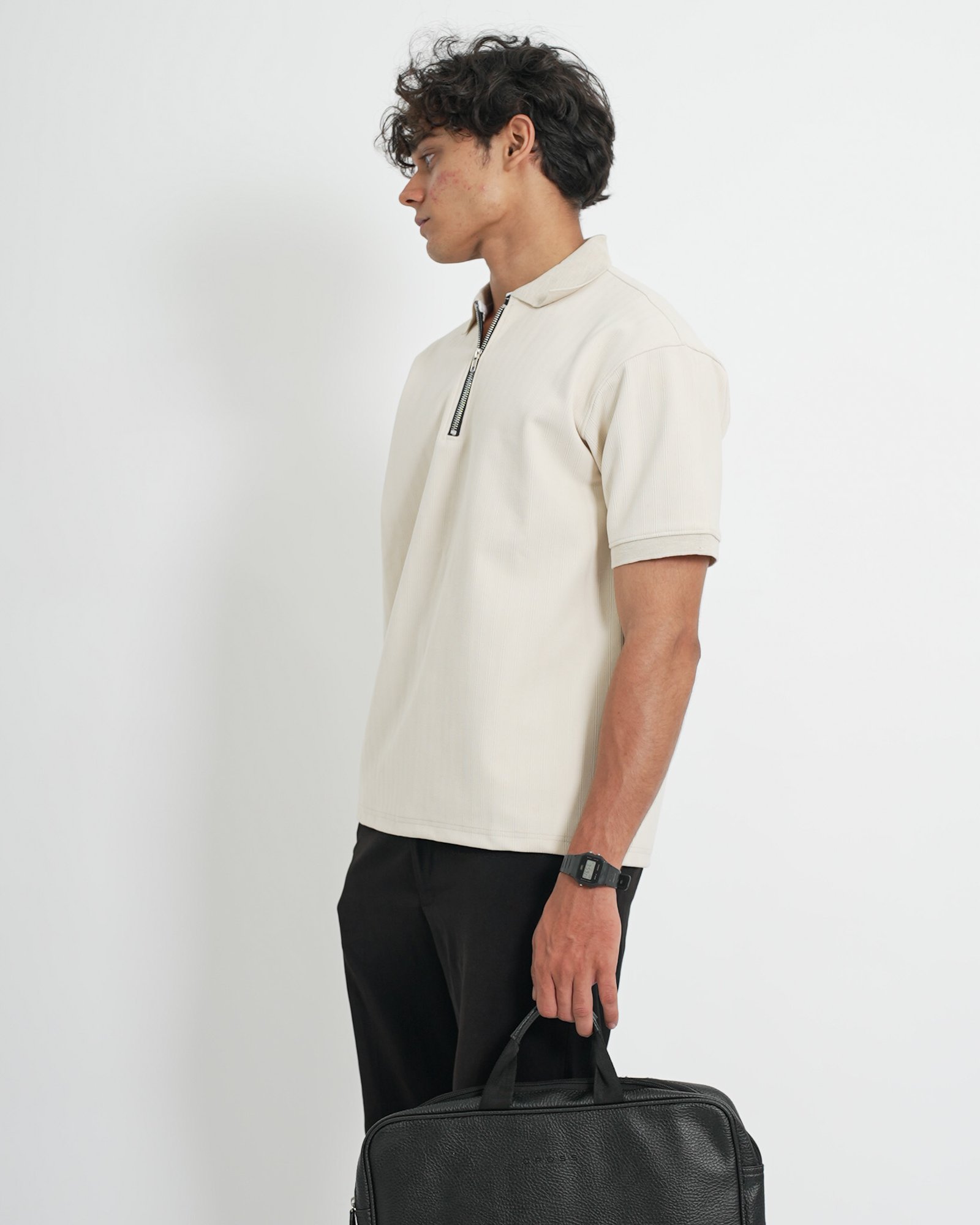 Zip Textured Polo – Off White