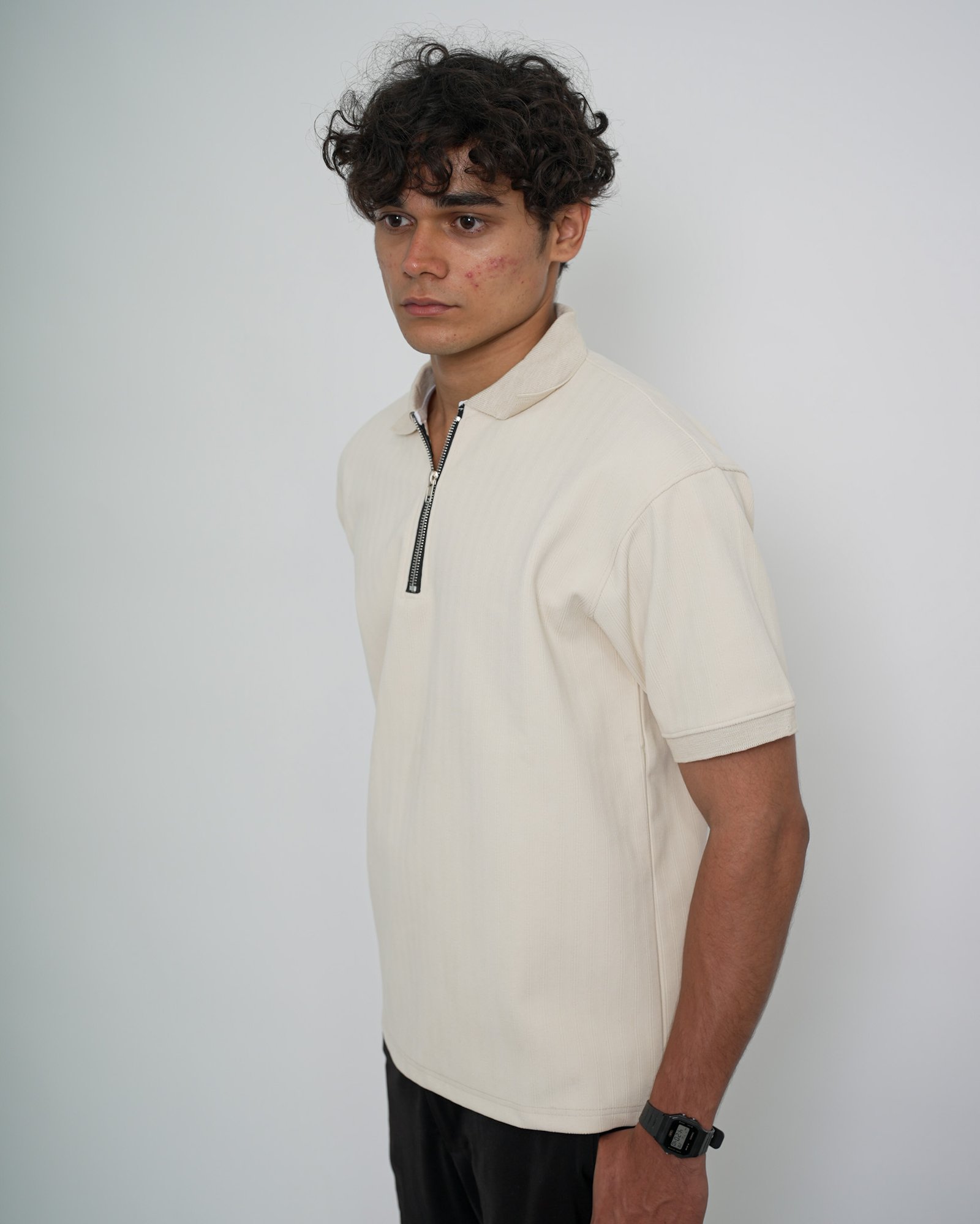 Zip Textured Polo – Off White - Image 4