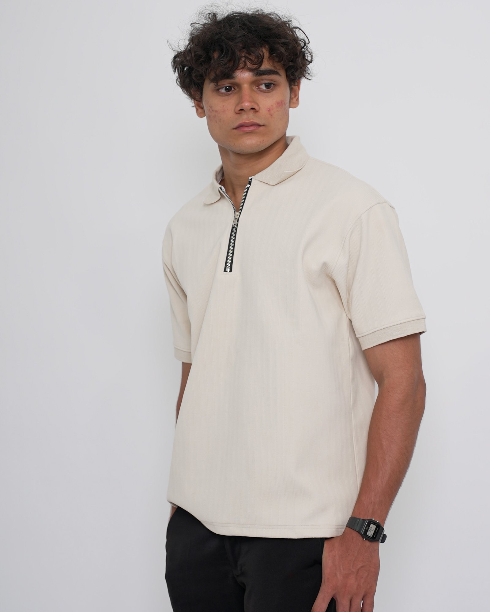 Zip Textured Polo – Off White - Image 8