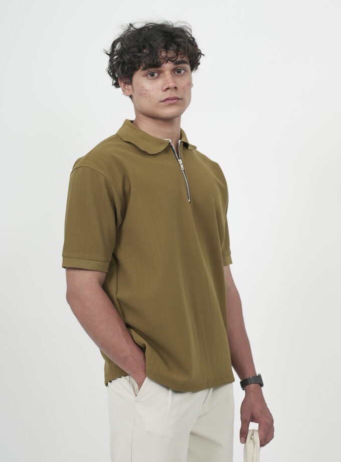 Zip Textured Polo – Khaki Green